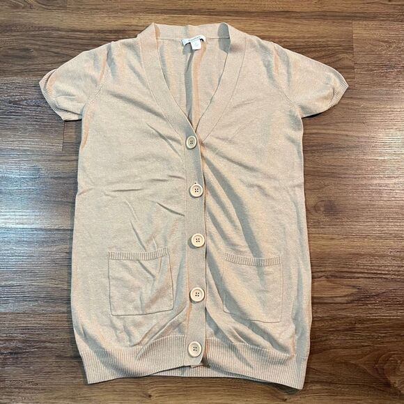 DressBarn Short Sleeve Button Front Cardigan Sweater Beige Cotton Pocket Women S - Picture 1 of 6